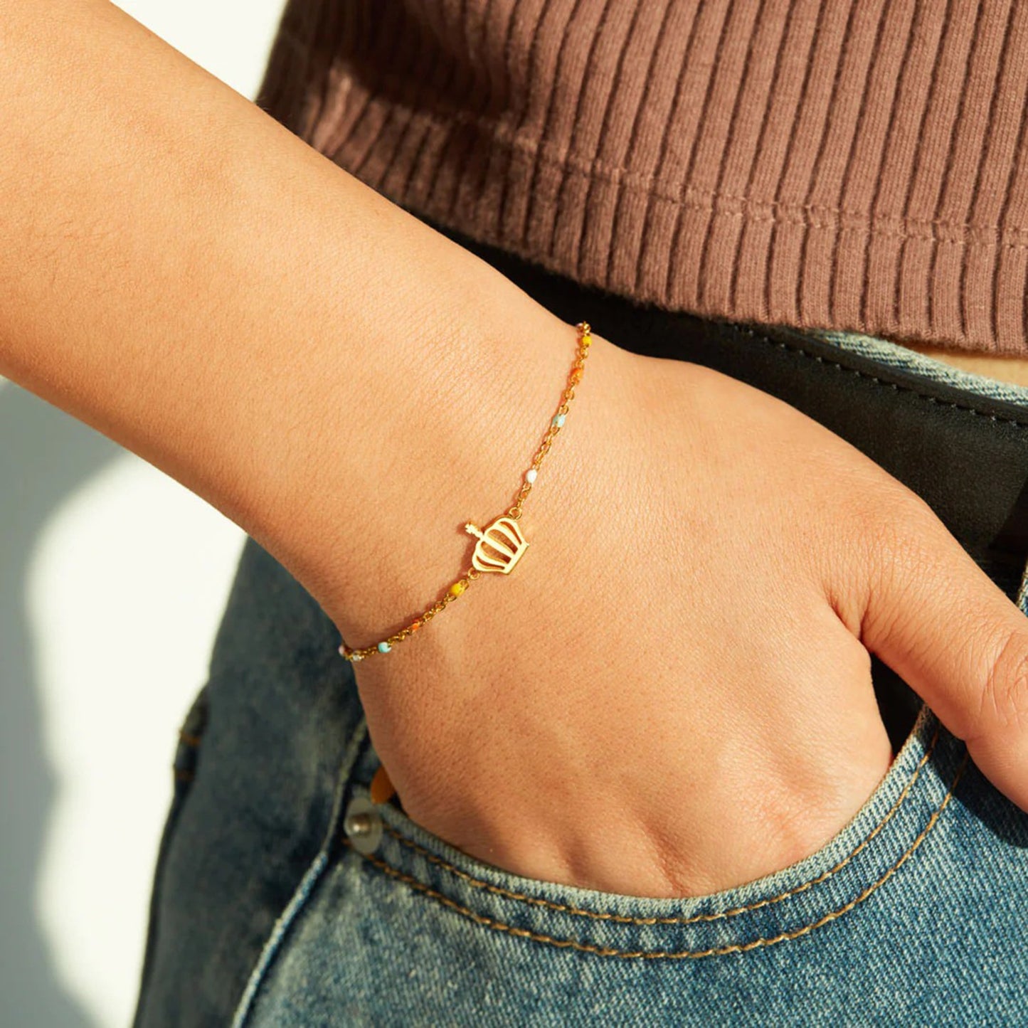 18K Gold-Plated Crown Bead Bracelet